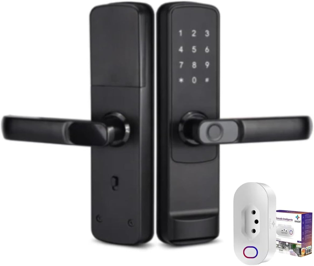 Fechadura Digital Inteligente com Wi-Fi, Biometria e Senha + Tomada Inteligente Wi-Fi 20A | Kit Segurança e Automação Residencial