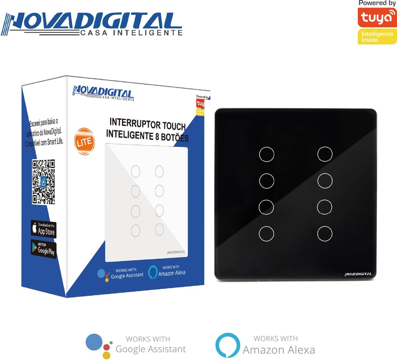 Interruptor Inteligente Wi-Fi Nova Digital 1 Botão Touch LITE-WS1 Smart Home Google Home Alexa Automação Residencial Preto