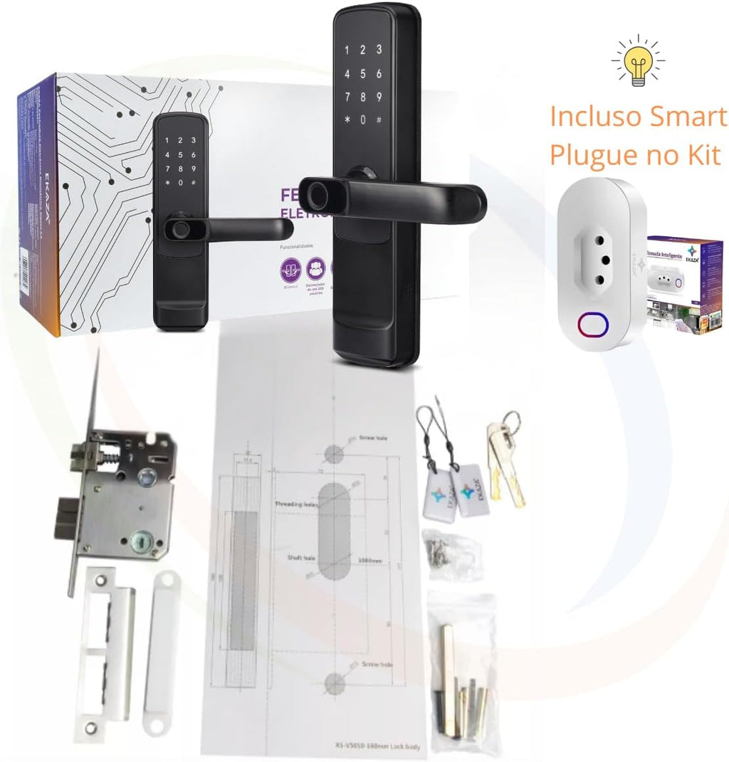 Fechadura Digital Inteligente com Wi-Fi, Biometria e Senha + Tomada Inteligente Wi-Fi 20A | Kit Segurança e Automação Residencial