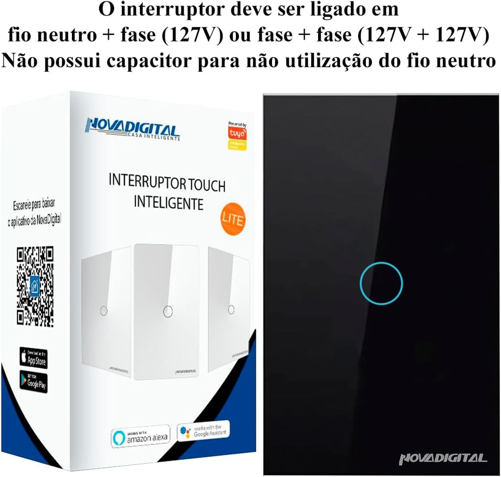 Interruptor Inteligente Wi-Fi Nova Digital 1 Botão Touch LITE-WS1 Smart Home Google Home Alexa Automação Residencial Preto