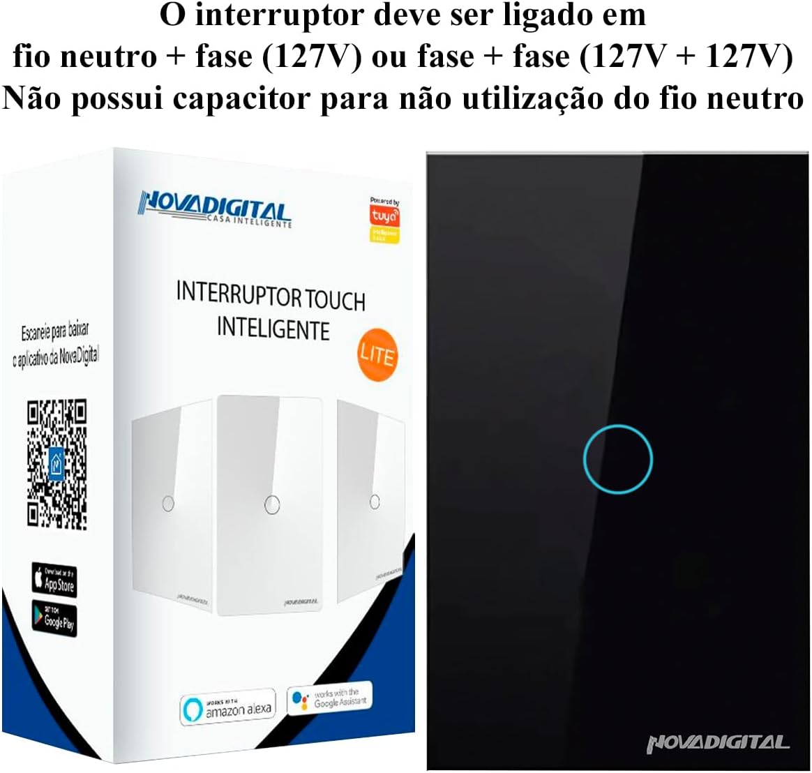 Interruptor Inteligente Wi-Fi Nova Digital 1 Botão Touch LITE-WS1 Smart Home Google Home Alexa Automação Residencial Preto