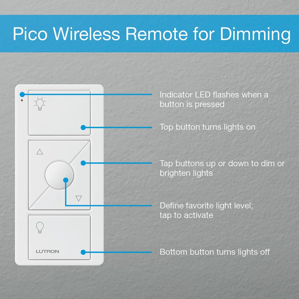 Lutron Controle remoto pico de 3 botões com elevação/inferior para interruptor de dimmer de iluminação inteligente sem fio Caseta, PJ2-3BRL-WH-L01R, branco