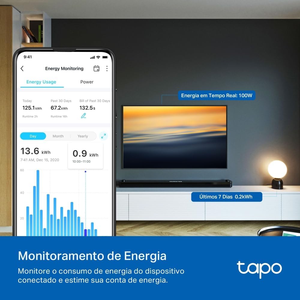 Tomada Inteligente Wi-Fi TP-Link Tapo P110, Smart Plug, Bivolt, 10A/2400W, Monitoramento e Economia de Energia, Alexa, OK Google, Smart Things, Proteção de Segurança, Controle Remoto