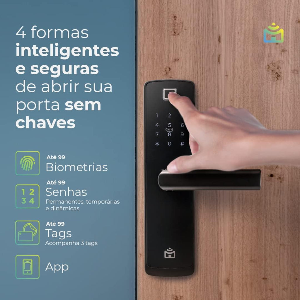 Smart Fechadura Digital Wi-Fi de Embutir Positivo Casa Inteligente, Abertura por Senha, Biometria, Tag, Chave e Aplicativo, Preta com Maçaneta