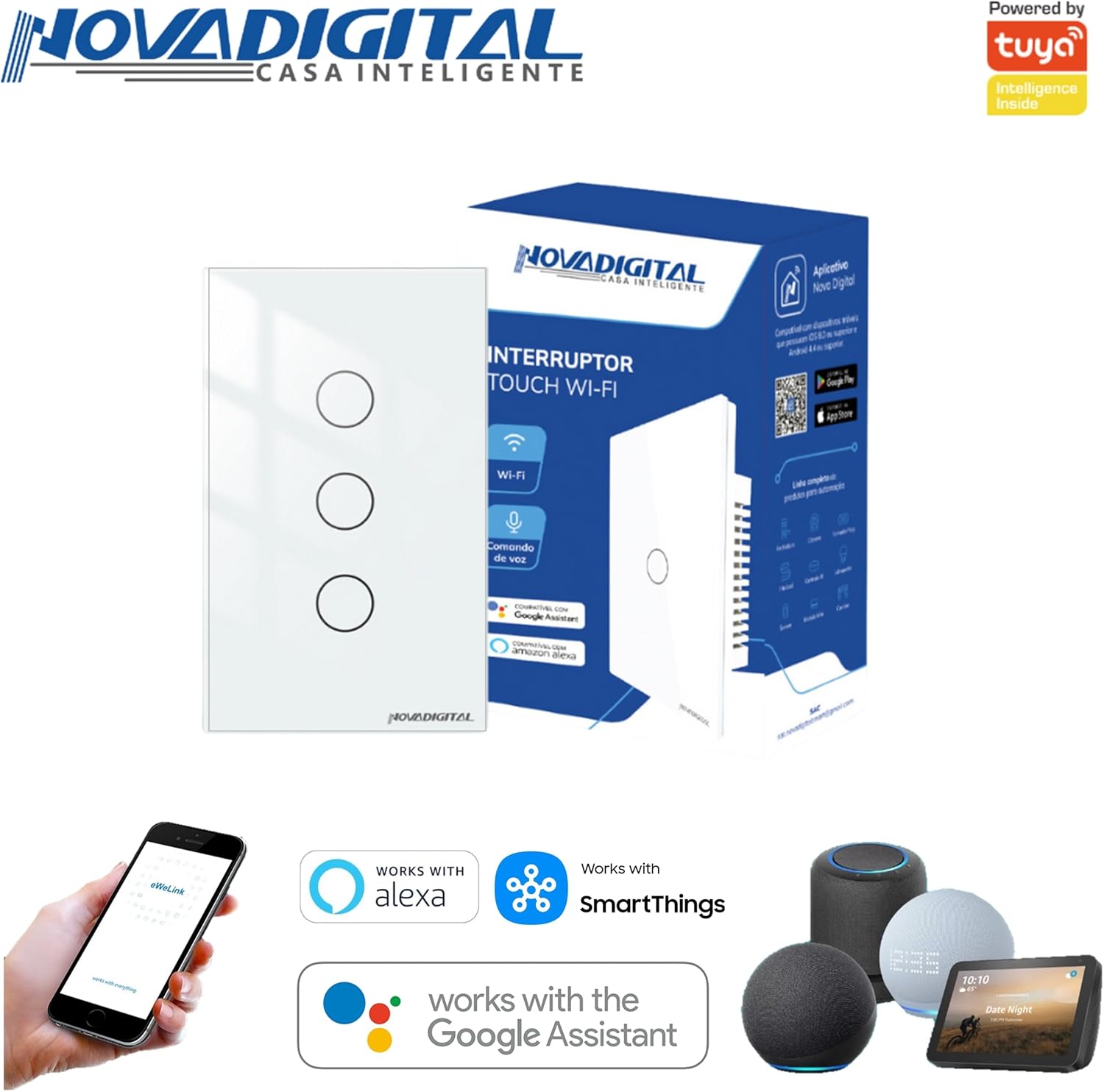 Interruptor Smart Wifi Inteligente Touch Nova Digital 3 botões Lite BR 4x2