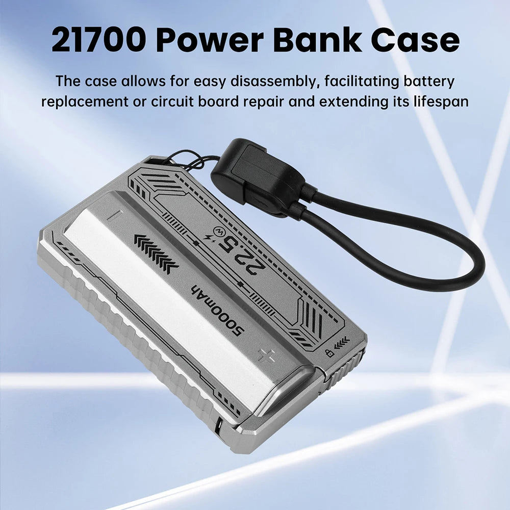 Case DIY para Power Bank Bateria 21700 — Carregamento Rápido PD 20W com Cabo Tipo-C Integrado e Removível