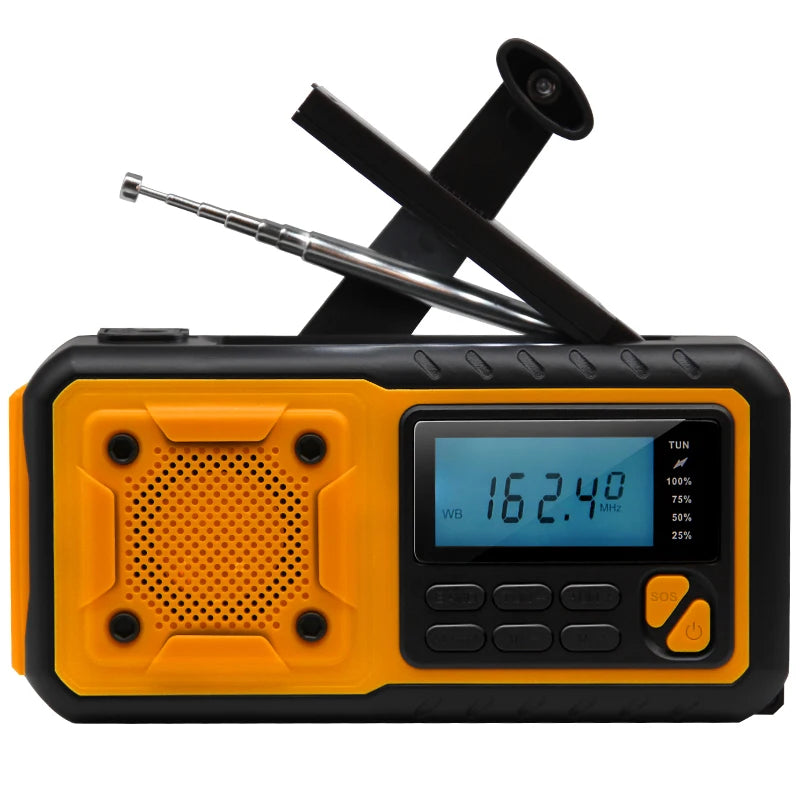 Rádio Solar de Emergência 5000mAh — Manivela, AM/FM/SW, Lanterna LED, Luz de Leitura e Power Bank Portátil