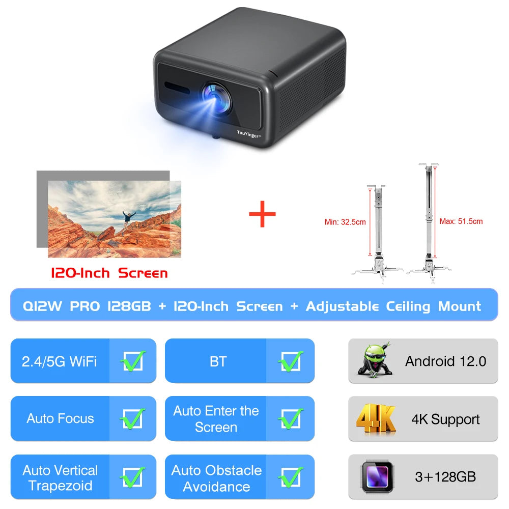 Projetor 4K Touyinger Q12W Pro 2800ANSI Full HD 4K Dual Screen Wifi Bluetooth Smart Home Theater Projector