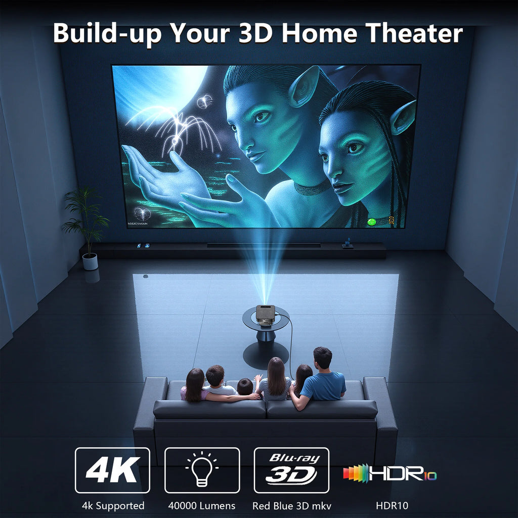 Projetor Externo XIWBSY 2026 4K 40000 Lúmens Foco Automático Android 12 WiFi6 Bluetooth 5.3 Home Theater