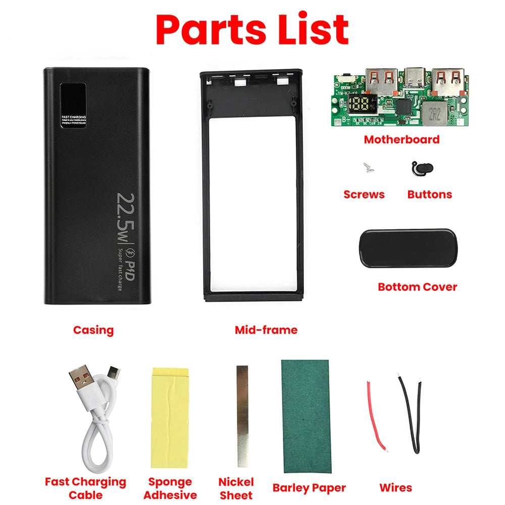 Kit DIY Power Bank 22,5W Carregamento Ultra Rápido — Case para Bateria 1260110 20000mAh com Tipo-C Bidirecional