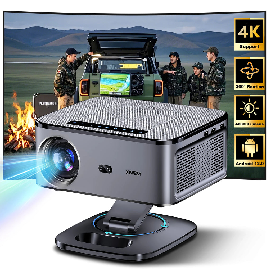 Projetor Externo XIWBSY 2026 4K 40000 Lúmens Foco Automático Android 12 WiFi6 Bluetooth 5.3 Home Theater