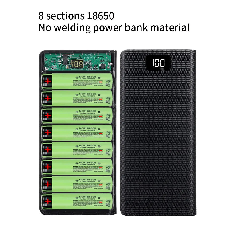 Case DIY para Power Bank 8x18650 — Caixa com USB Duplo, Tipo-C e Carregamento Rápido QC3.0 PD