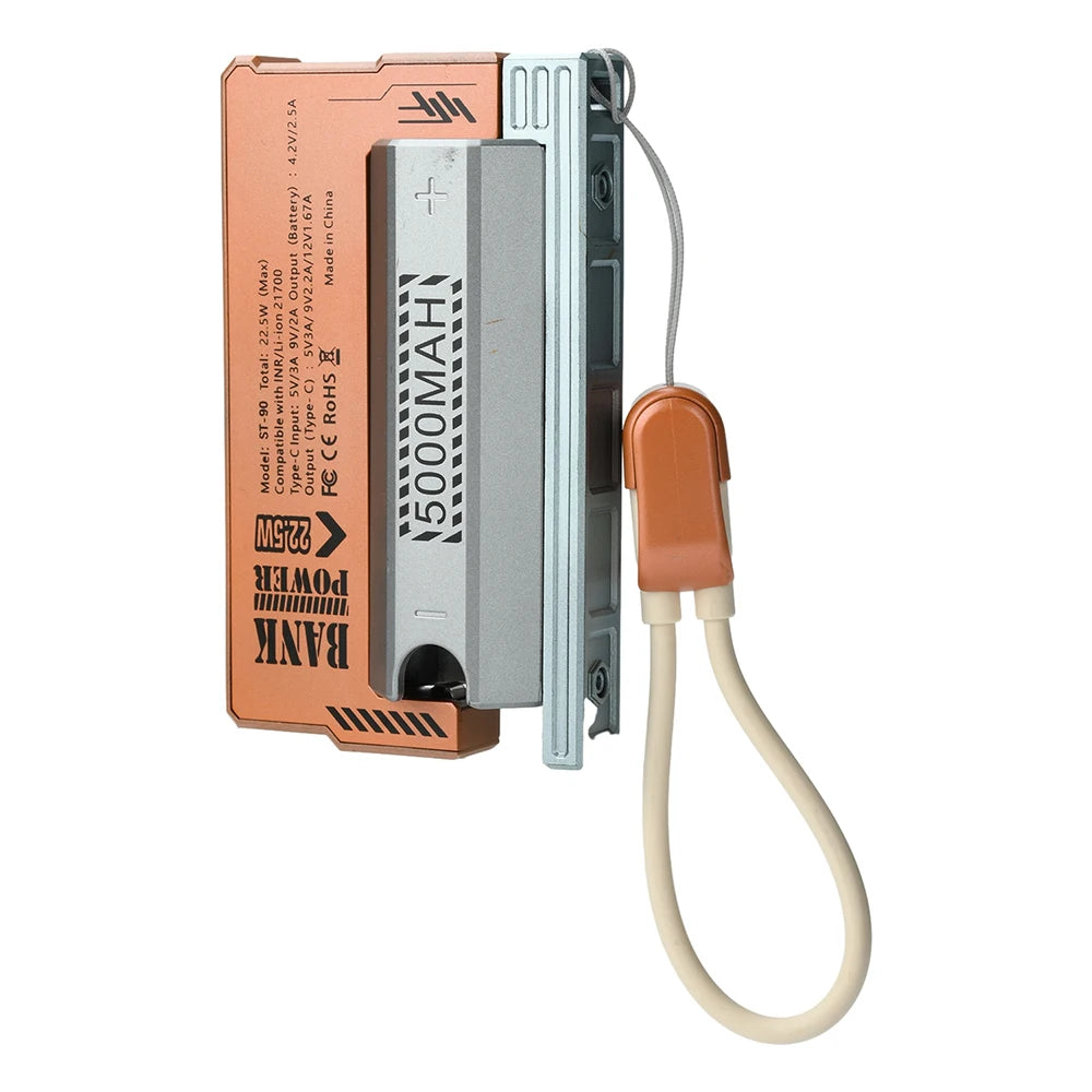 Case DIY para Power Bank Bateria 21700 — Carregamento Rápido PD 20W com Cabo Tipo-C Integrado e Removível