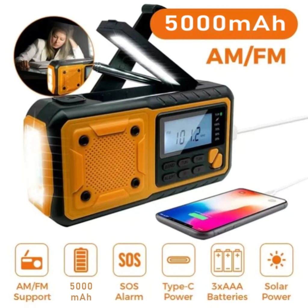 Rádio Solar de Emergência 5000mAh — Manivela, AM/FM/SW, Lanterna LED, Luz de Leitura e Power Bank Portátil