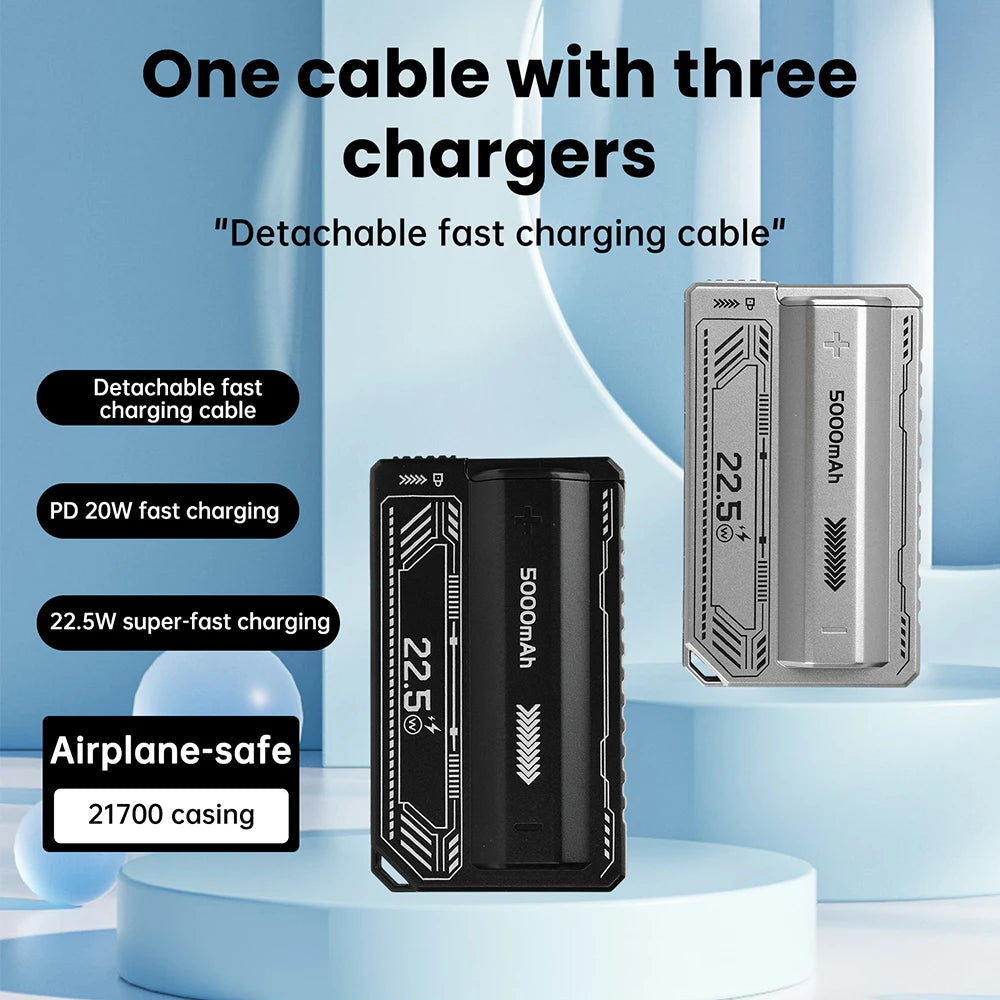 Case DIY para Power Bank Bateria 21700 — Carregamento Rápido PD 20W com Cabo Tipo-C Integrado e Removível