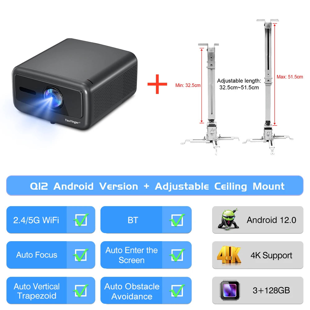 Projetor 4K Touyinger Q12W Pro 2800ANSI Full HD 4K Dual Screen Wifi Bluetooth Smart Home Theater Projector