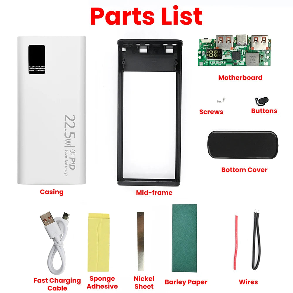 Kit DIY Power Bank 22,5W Carregamento Ultra Rápido — Case para Bateria 1260110 20000mAh com Tipo-C Bidirecional