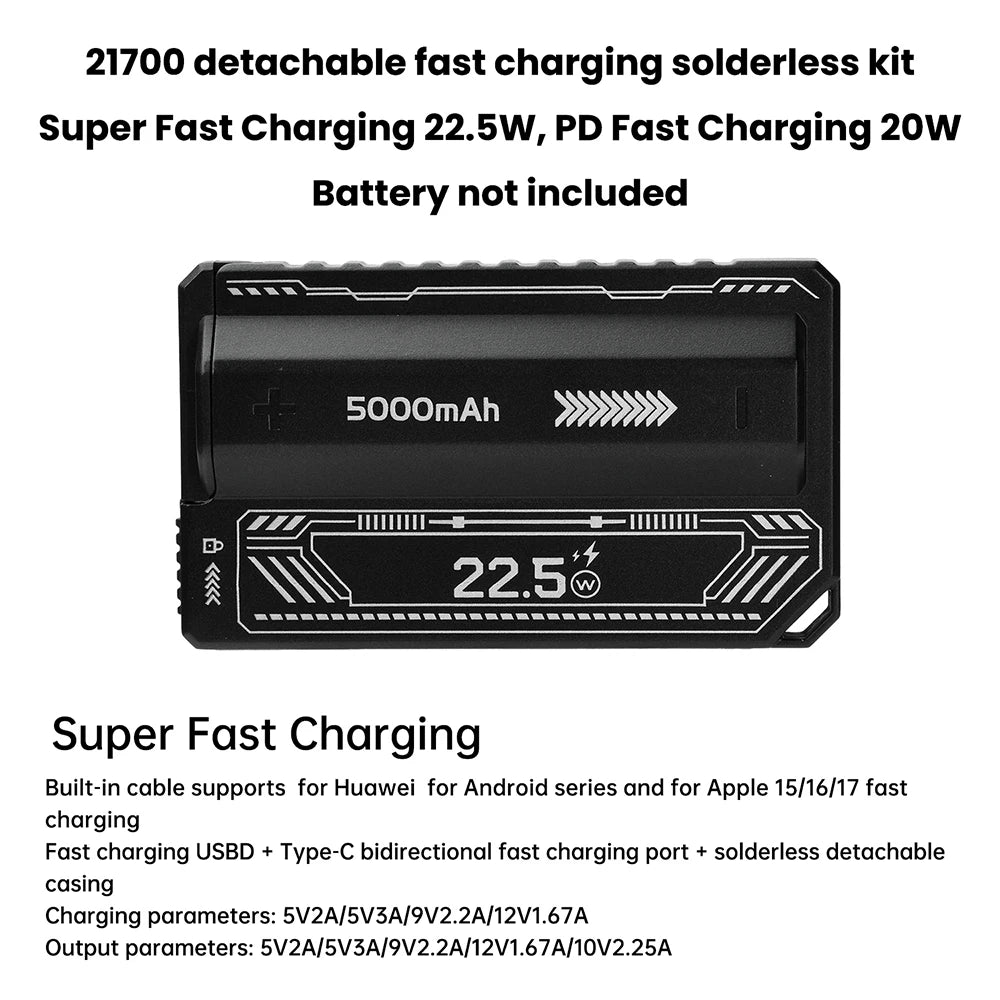 Case DIY para Power Bank Bateria 21700 — Carregamento Rápido PD 20W com Cabo Tipo-C Integrado e Removível