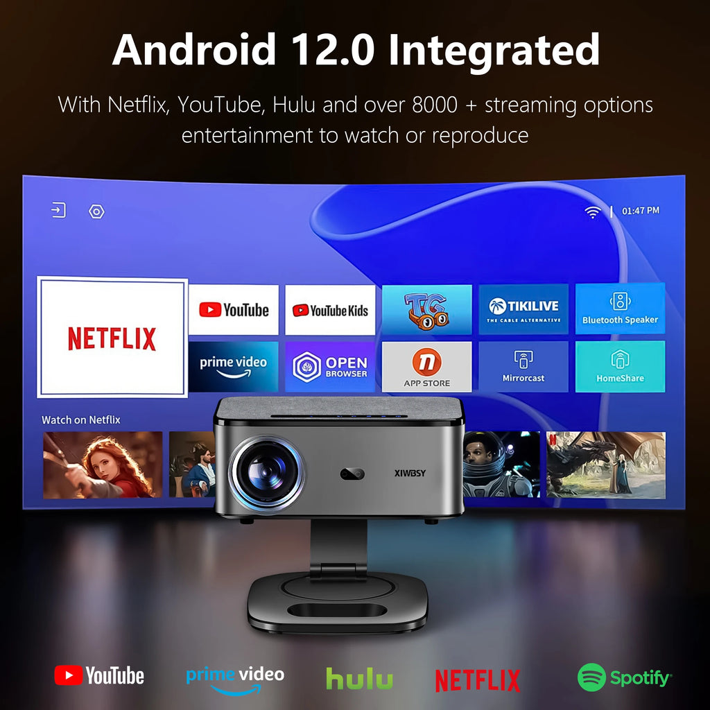 Projetor Externo XIWBSY 2026 4K 40000 Lúmens Foco Automático Android 12 WiFi6 Bluetooth 5.3 Home Theater