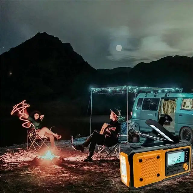 Rádio Solar de Emergência 5000mAh — Manivela, AM/FM/SW, Lanterna LED, Luz de Leitura e Power Bank Portátil