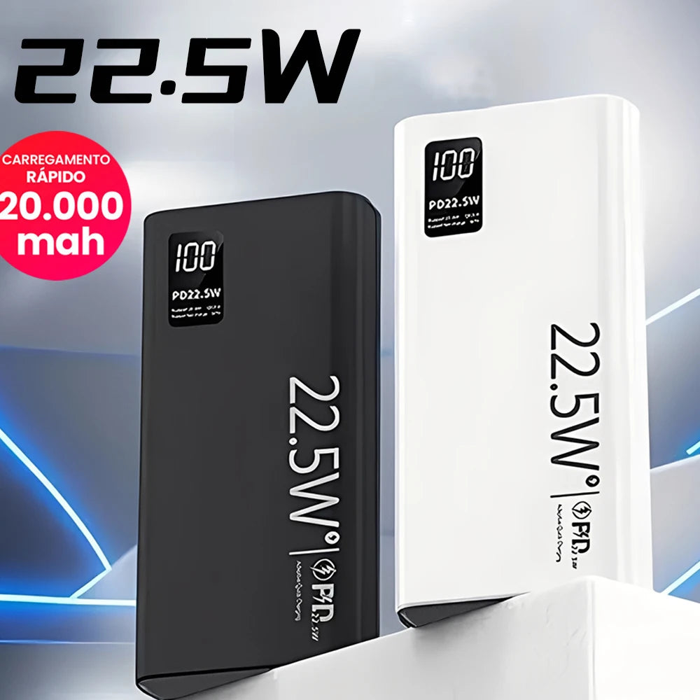 Power Bank 20000mAh Portátil com Tela LCD, Carregamento Rápido e 2 Saídas USB para Celular, Tablet e Viagem