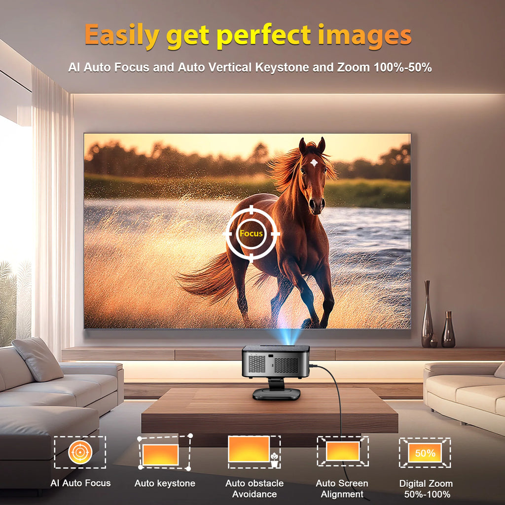 Projetor Externo XIWBSY 2026 4K 40000 Lúmens Foco Automático Android 12 WiFi6 Bluetooth 5.3 Home Theater