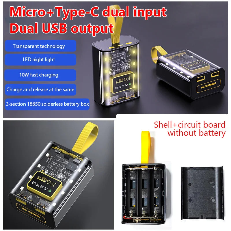 Case DIY para Power Bank 3x18650 — Carregamento Rápido 5V 2A, USB Duplo e Luz LED Noturna