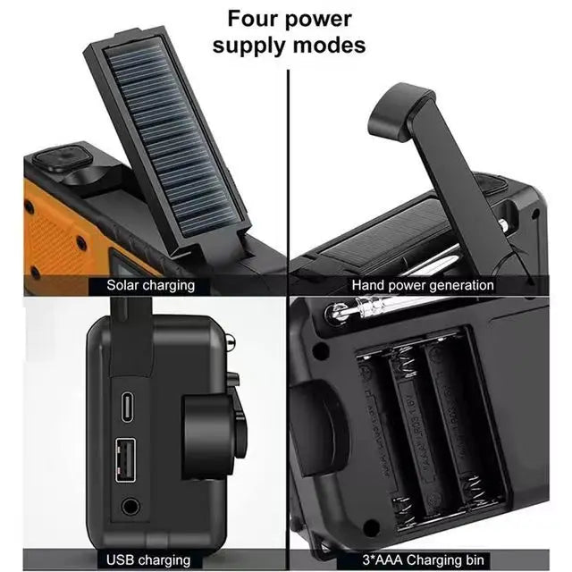 Rádio Solar de Emergência 5000mAh — Manivela, AM/FM/SW, Lanterna LED, Luz de Leitura e Power Bank Portátil