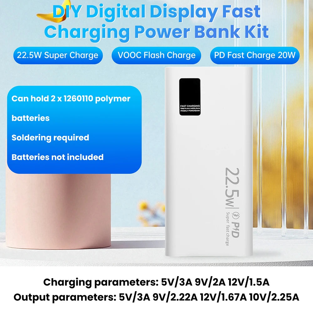 Kit DIY Power Bank 22,5W Carregamento Ultra Rápido — Case para Bateria 1260110 20000mAh com Tipo-C Bidirecional